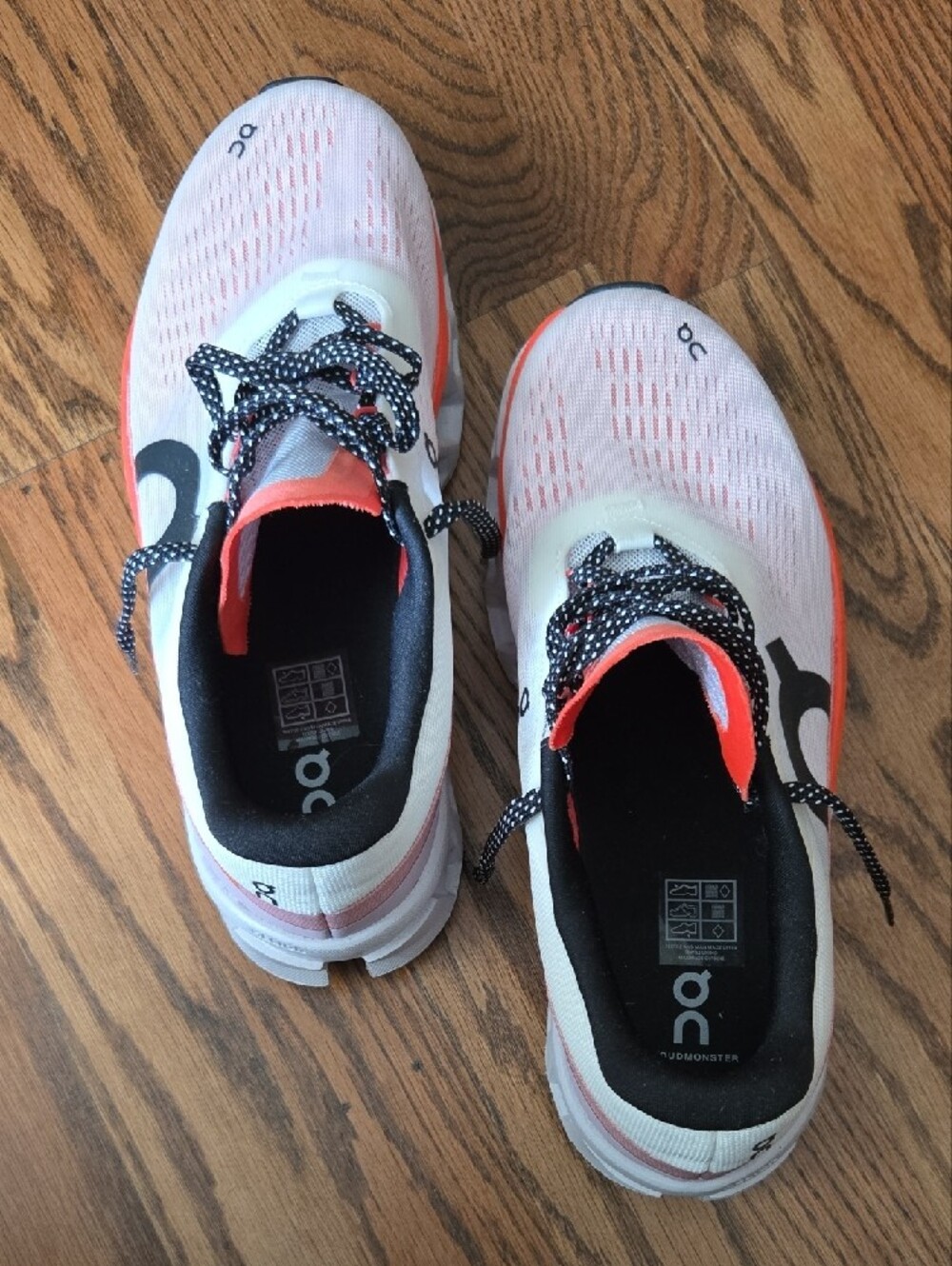 On Clouds Running Women White & Coral Pink Accent Sneakers. - Picture 3 of 5